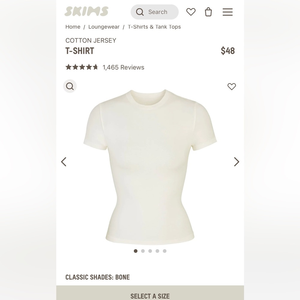 Skims Cotton Jersey T-Shirt in Bone size Small
